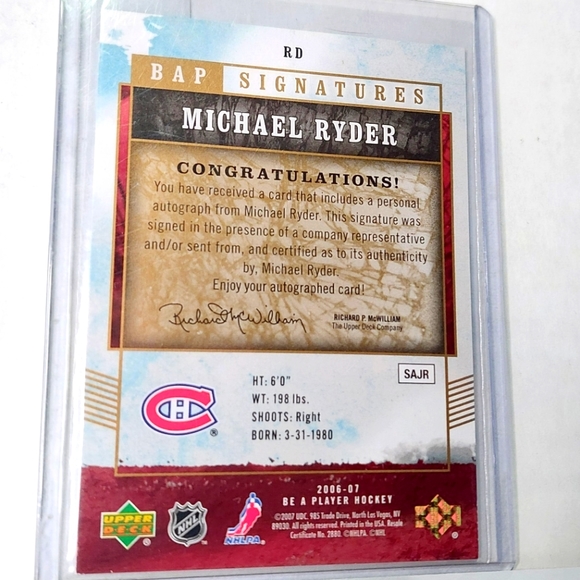 Michael Ryder Auto Upper Deck Be A Player 2006/07 Montreal Canadiens Hockey Card - Picture 2 of 2
